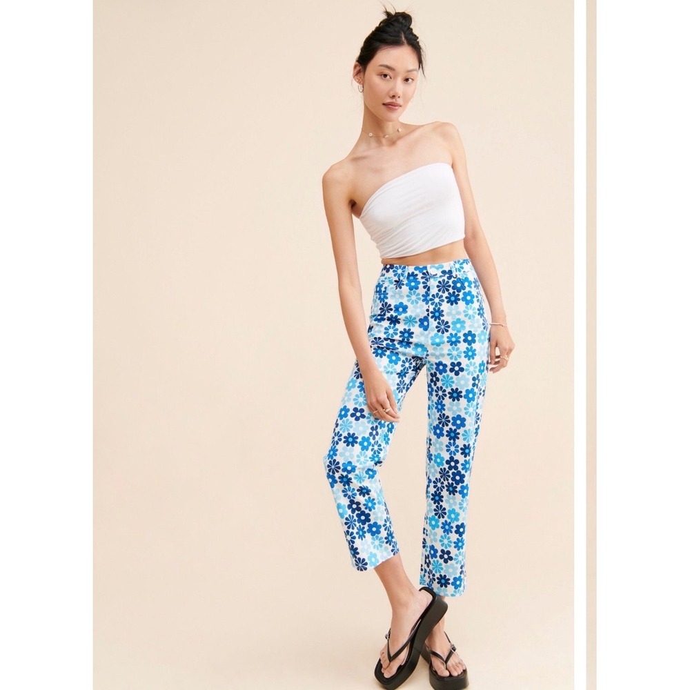Free People X Another Girl Blue Floral High Waisted Cropped Jeans Boho Size XS‎
